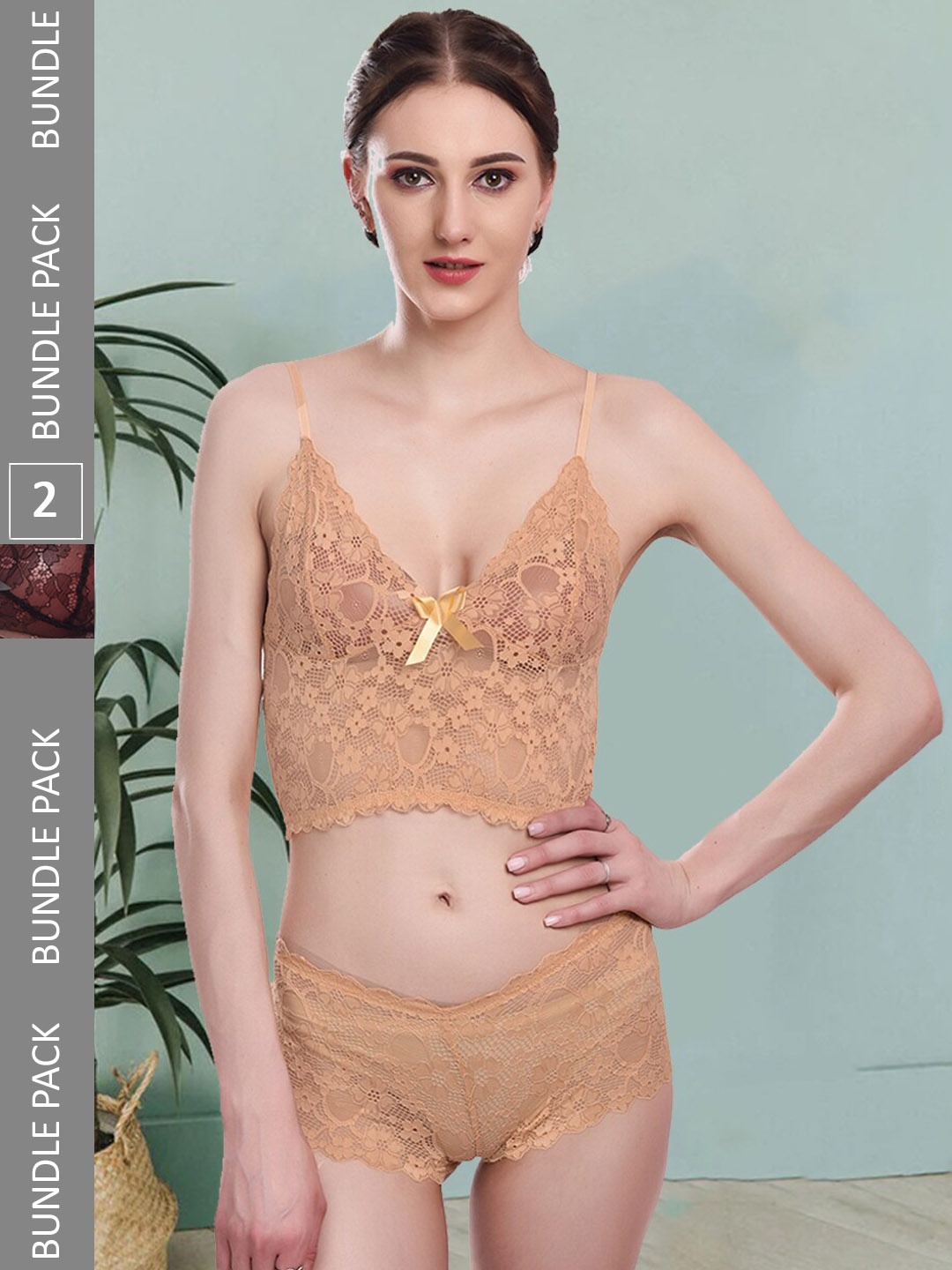 

Fleurt Pack Of 2 Self Design Lingerie Set Fleurt-Set-170-GD-170-BK-S, Gold