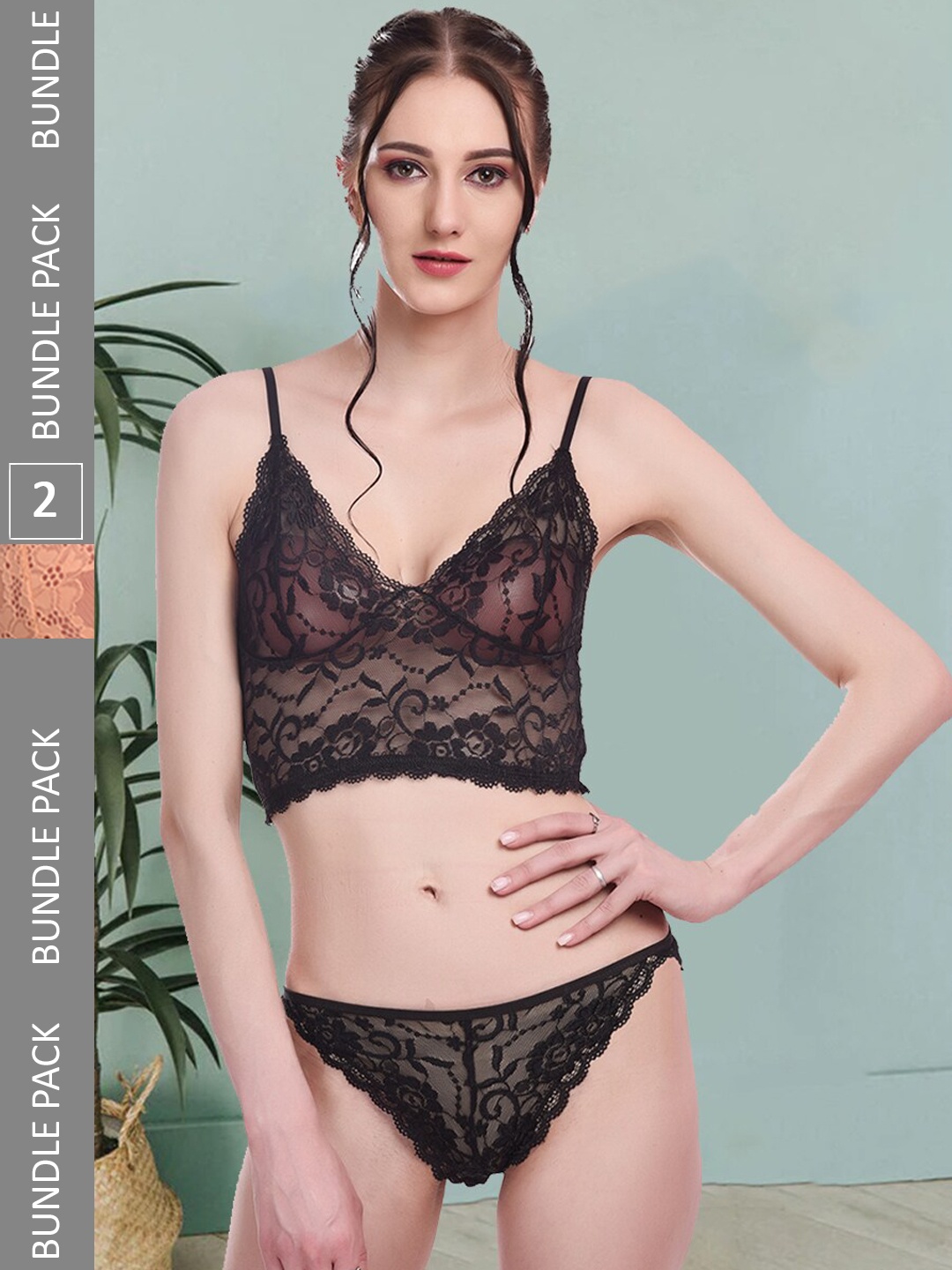

Fleurt Pack Of 2 Self-Design Laced Lingerie Set Fleurt-Set-170-NEW-BK-170-GD-M, Black