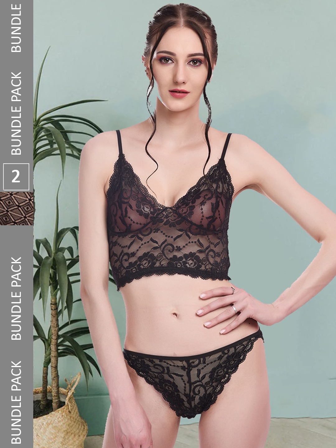 

Fleurt Pack Of 2 Self-Design Lingerie Set Fleurt-Set-170-NEW-BK-208-NEW-BK-S, Black