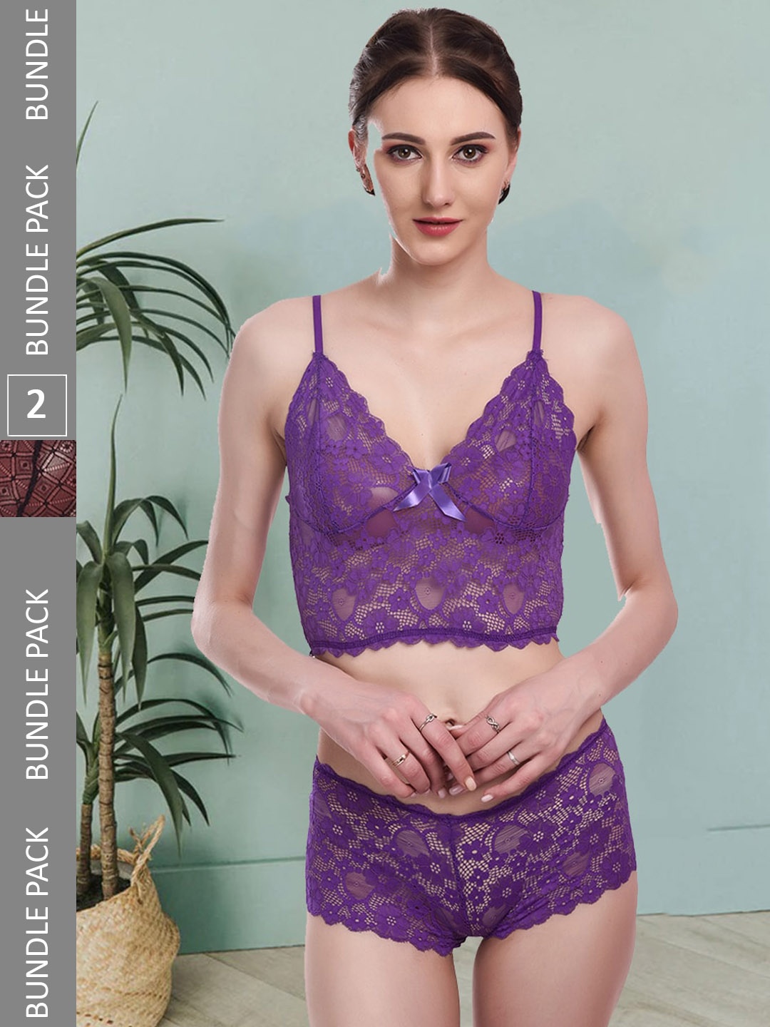

Fleurt Pack Of 2 Self-Design Lingerie Set Fleurt-Set-170-PR-208-NEW-BK-L, Purple