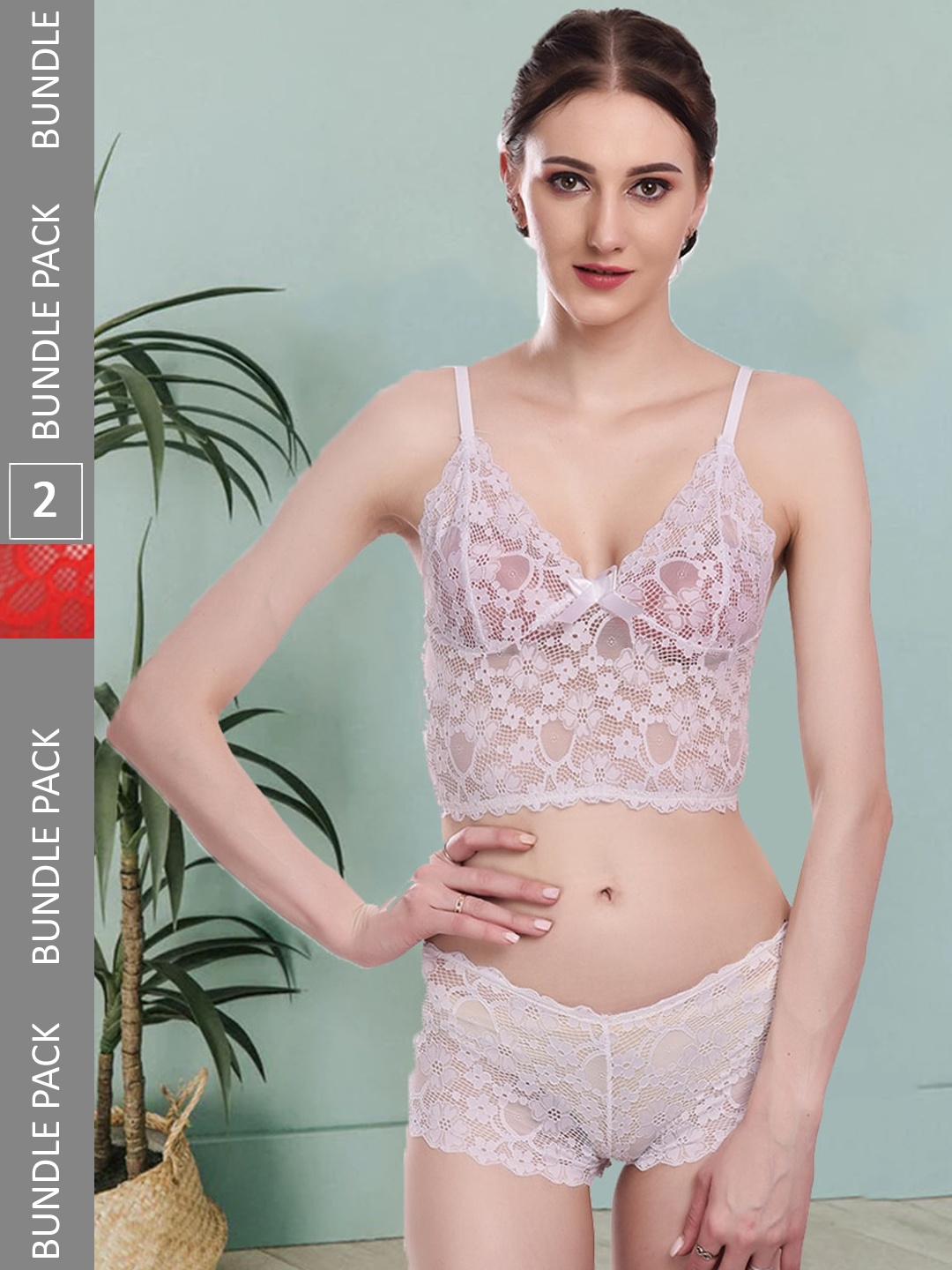 

Fleurt Pack Of 2 Self Designed Laced Lingerie Sets Fleurt-Set-170-WH-206-RD-L, White