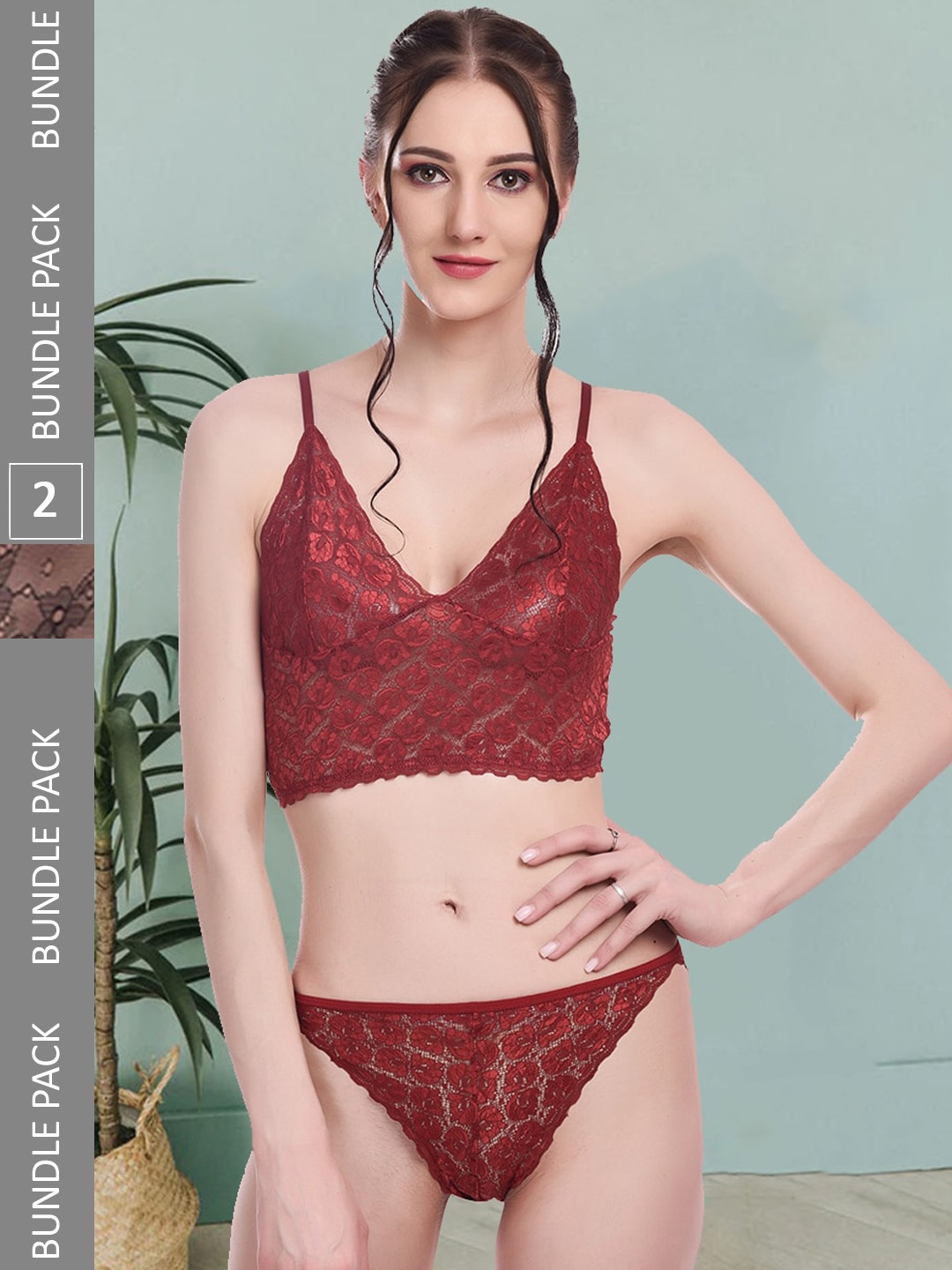 

Fleurt Pack Of 2 Self-Designed Lingerie Set Fleurt-Set-170-NEW-MR-170-BK-L, Maroon