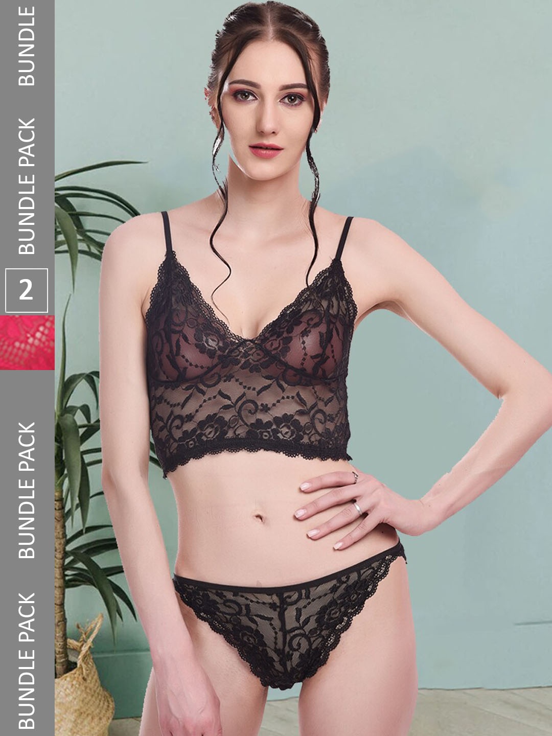 

Fleurt Pack Of 2 Self Design Lingerie Set, Black