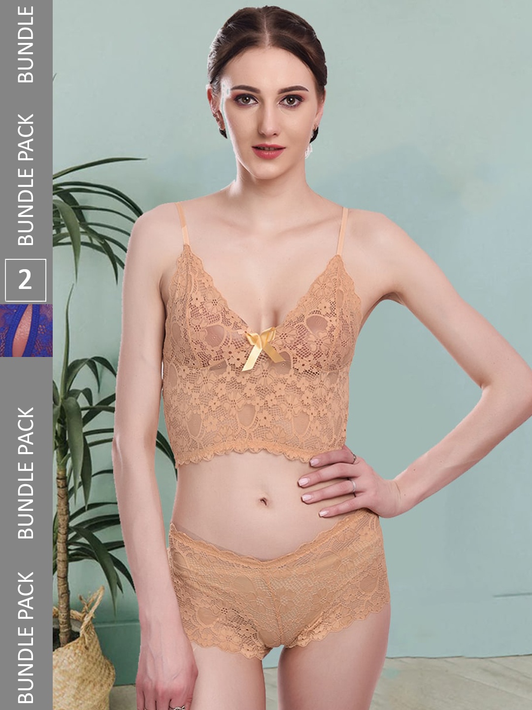 

Fleurt Pack Of 2 Self-Design Lace Lingerie Set Fleurt-Set-170-GD-206-R.BL-L, Gold