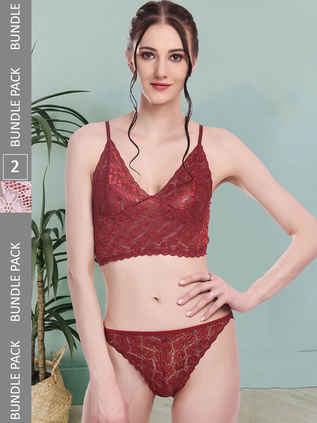 

Fleurt Pack Of 2 Self-Design Laced Lingerie Set Fleurt-Set-170-NEW-MR-170-WH-L, Maroon