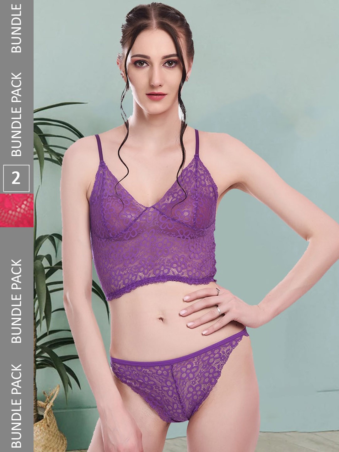 

Fleurt Pack Of 2 Self-Design Lingerie Set Fleurt-Set-170-NEW-PR-206-MR-S, Purple