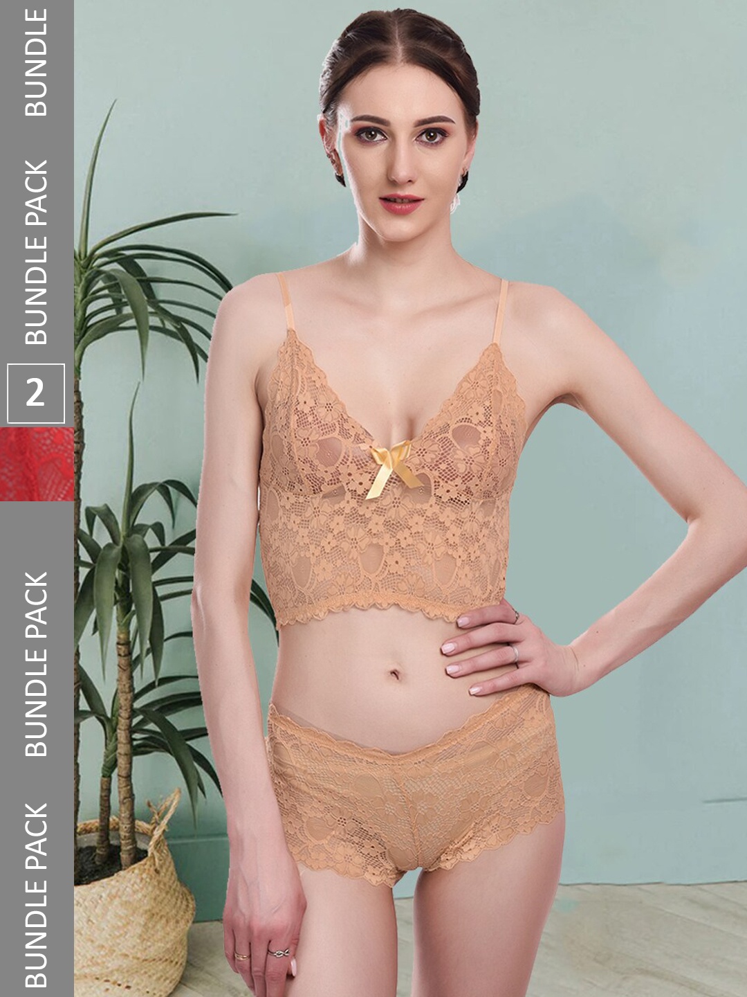 

Fleurt Pack Of 2 Self Designed Laced Lingerie Sets Fleurt-Set-170-GD-208-NEW-RD-L, Gold
