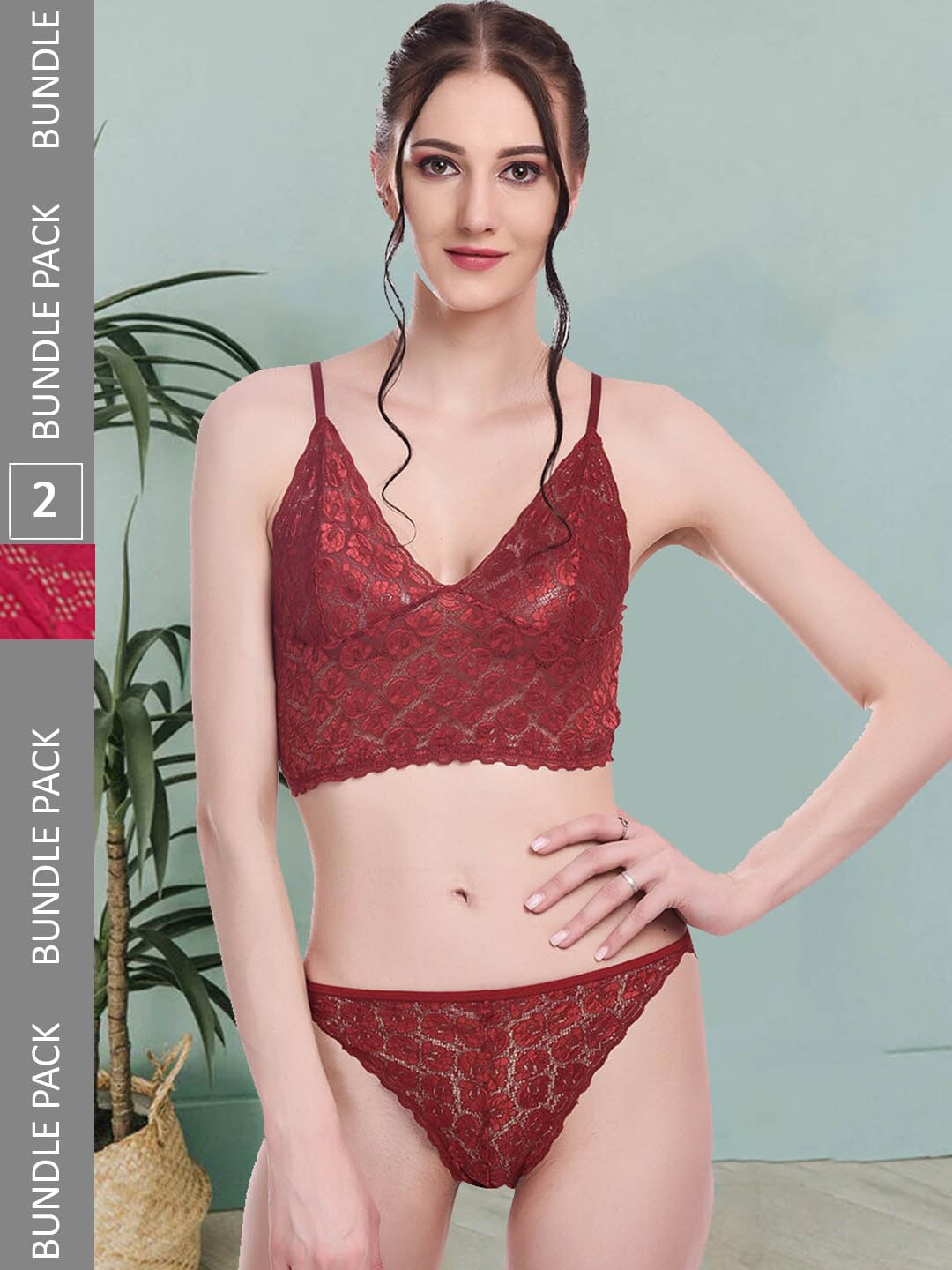 

Fleurt Pack Of 2 Self Designed Laced Lingerie Sets Fleurt-Set-170-NEW-MR-206-MR-S, Maroon