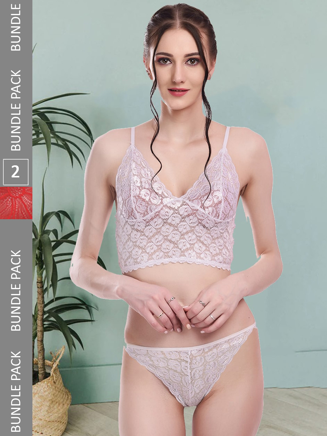 

Fleurt Women Pack Of 2 Self-Design Laced Lingerie Set Fleurt-Set-170-NEW-WH-208-NEW-RD-L, White