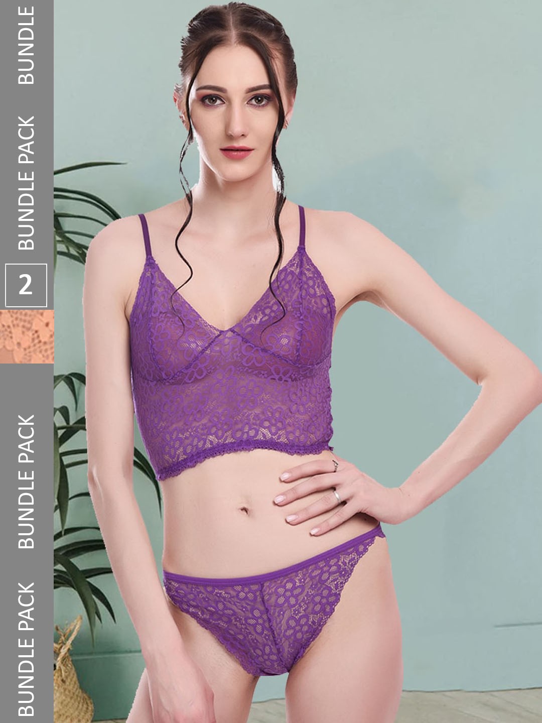 

Fleurt Pack Of 2 Self Design Lingerie Set, Purple