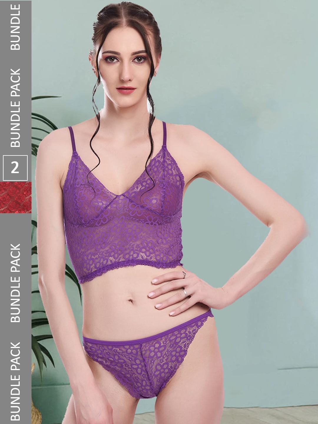 

Fleurt Pack Of 2 Self-Design Lingerie Set Fleurt-Set-170-NEW-PR-170-NEW-MR-S, Purple