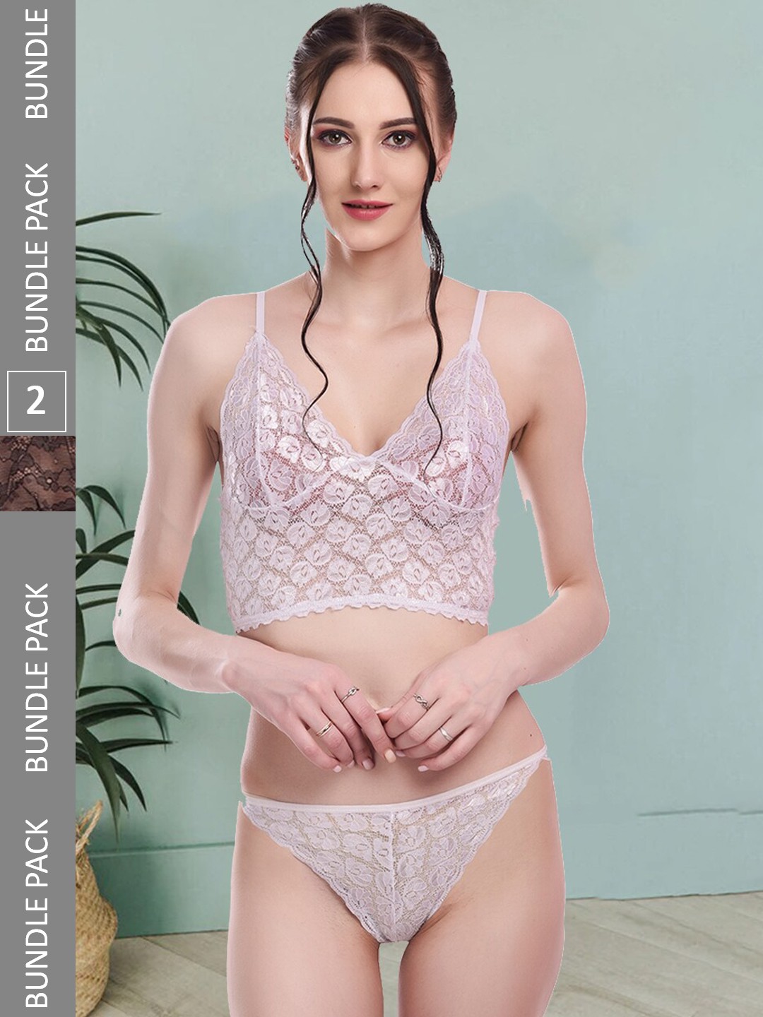

Fleurt Pack Of 2 Self-Design Lace Lingerie Set Fleurt-Set-170-NEW-WH-170-BK-L, White