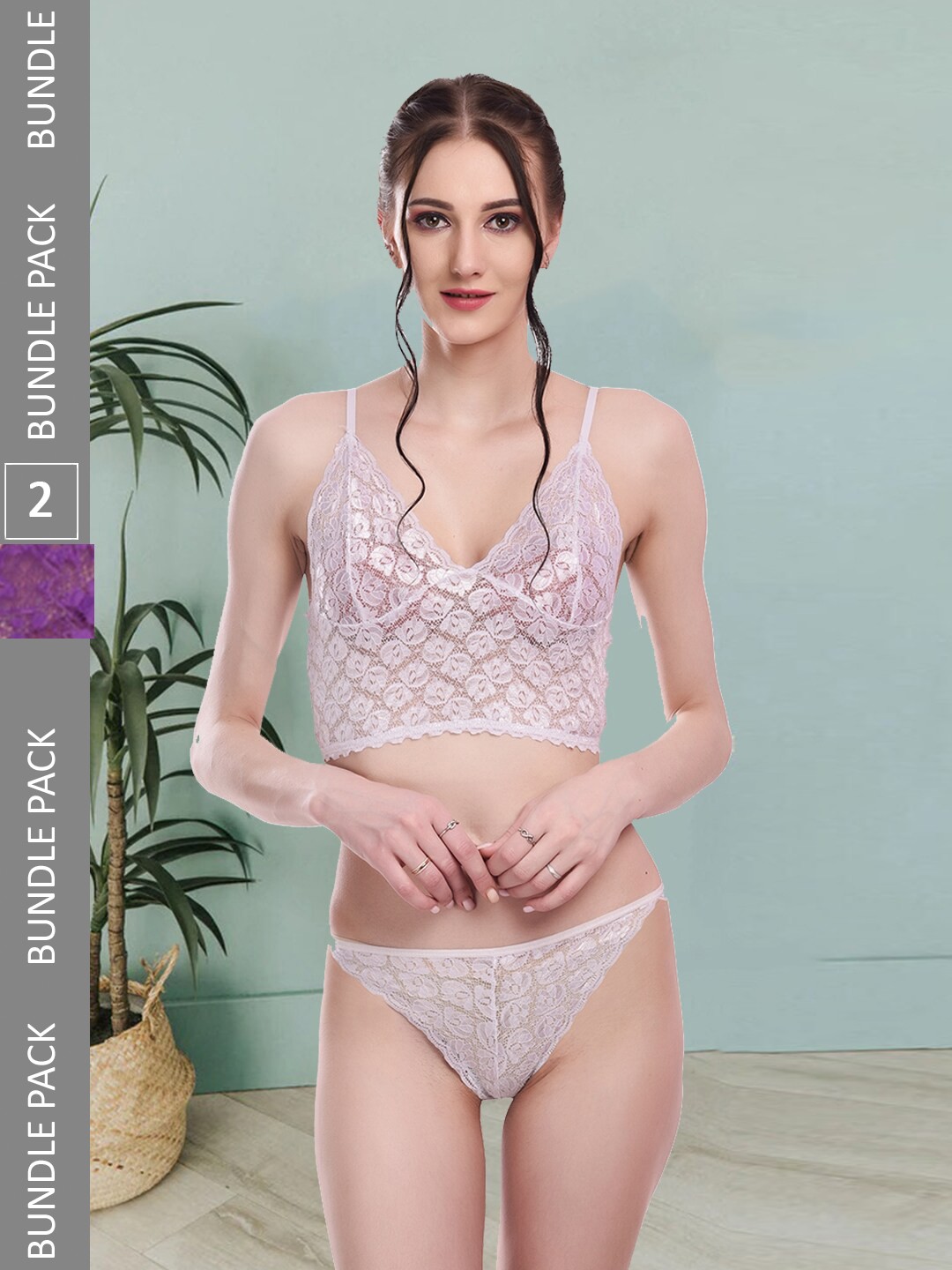 

Fleurt Pack Of 2 Self-Design Lace Lingerie Set Fleurt-Set-170-NEW-WH-206-PR-S, White