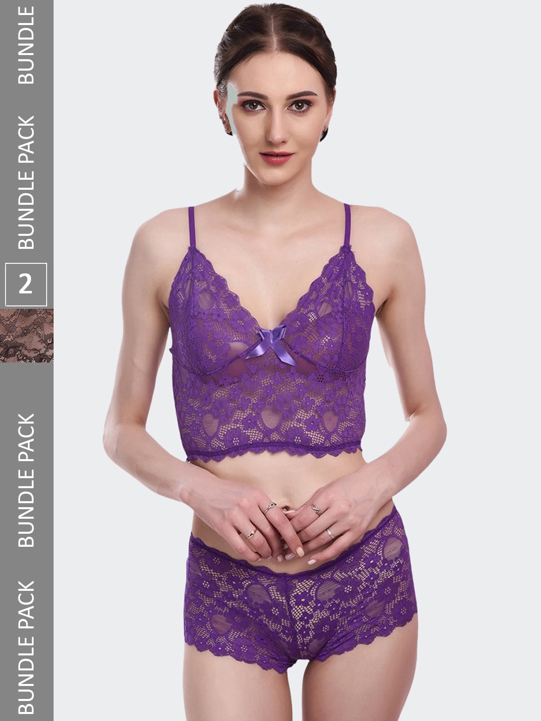 

Fleurt Pack Of 2 Self-Design Lingerie Set Fleurt-Set-170-PR-170-BK-M, Purple