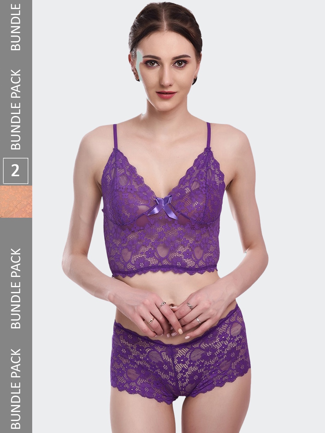 

Fleurt Pack Of 2 Self Design Lingerie Set Fleurt-Set-170-PR-170-GD-S, Purple