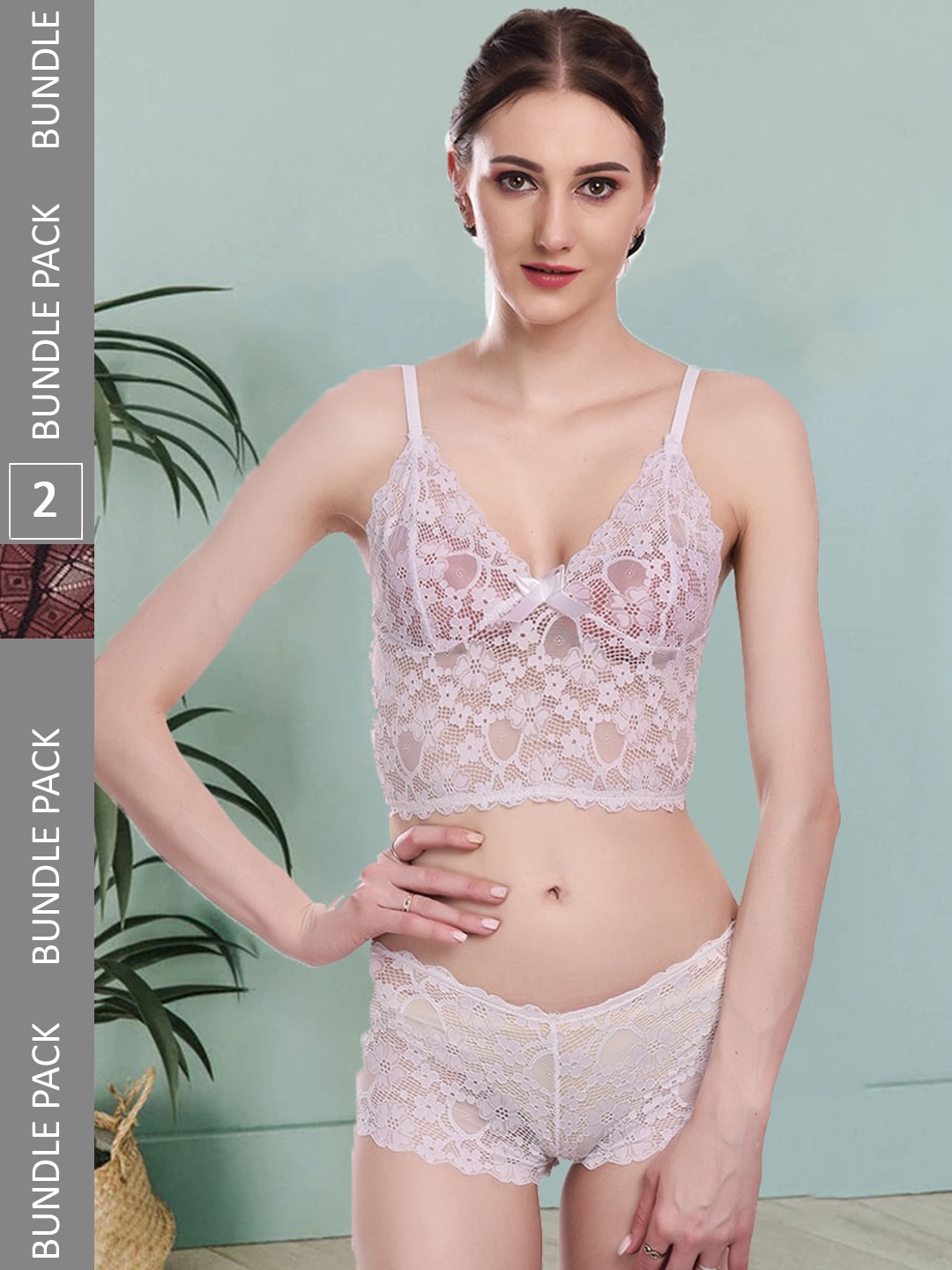 

Fleurt Pack Of 2 Self-Design Lace Lingerie Set Fleurt-Set-170-WH-208-NEW-BK-S, White