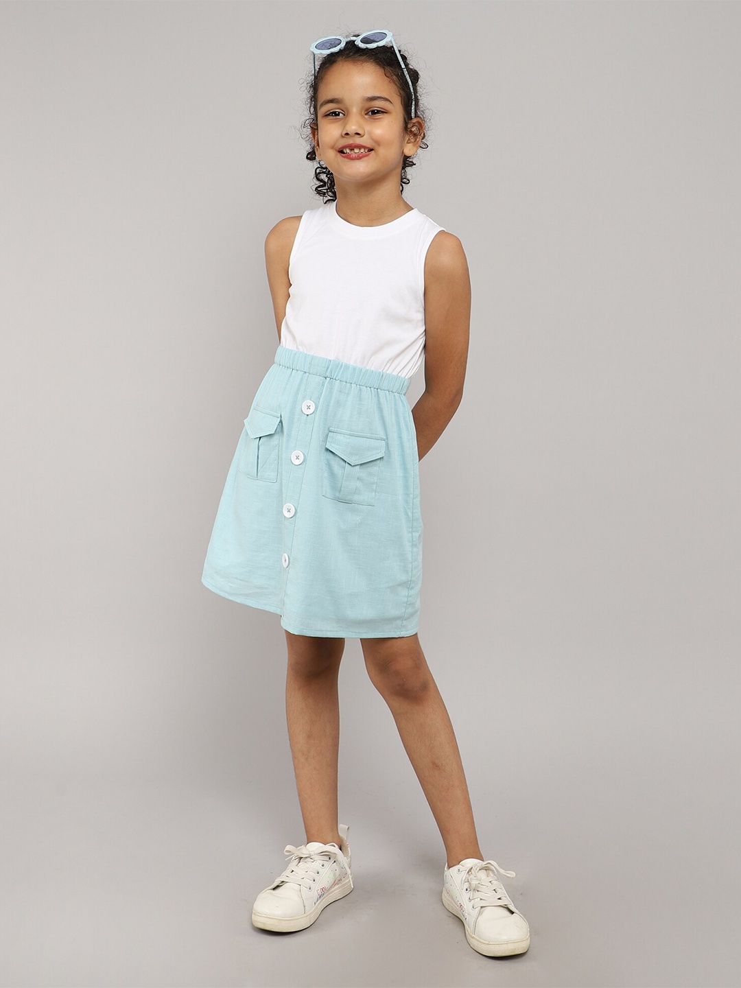 

taffykids Girls Colourblocked Pocket Detailing Pure Cotton A-Line Dress, White