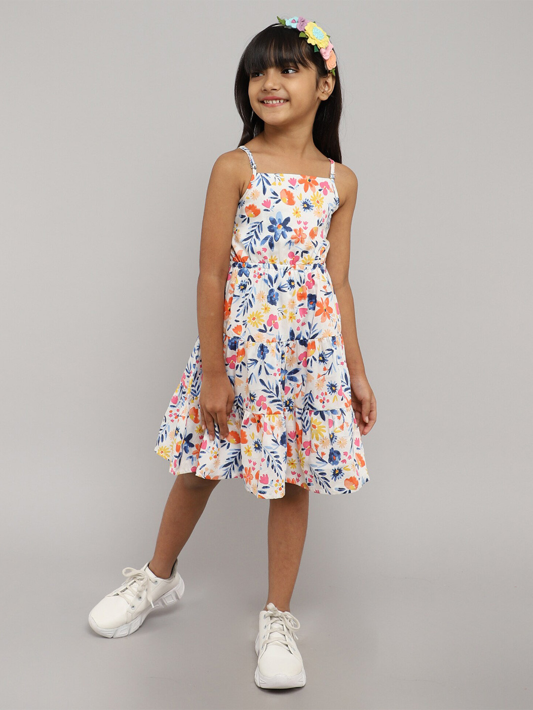 

taffykids Girls Shoulder Straps Floral Printed Tie Up Cotton A-Line Dress, White