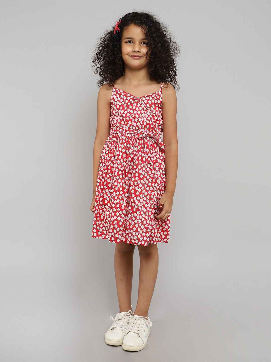 

taffykids Girls Shoulder Straps Floral Printed Fit & Flare Dress, Red