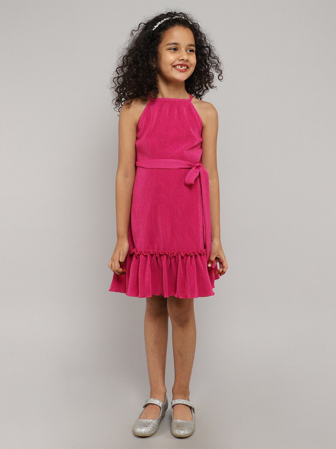 

taffykids Girls Accordion Pleats A-Line Dress With Belt, Pink