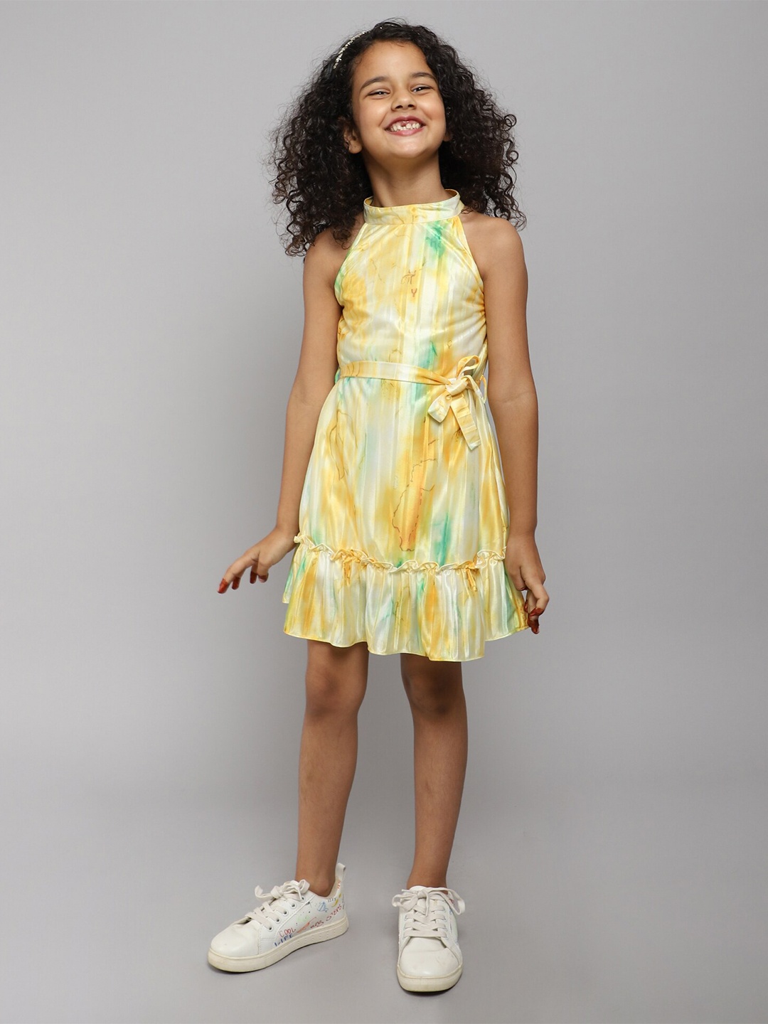 

taffykids Girls Tie & Dyed Accordion Pleats A-Line Dress With Belt, Yellow