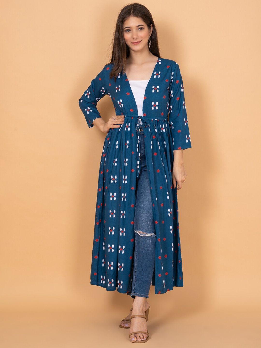 

DAEVISH Women Printed Longline Tie-Up Shrug, Teal