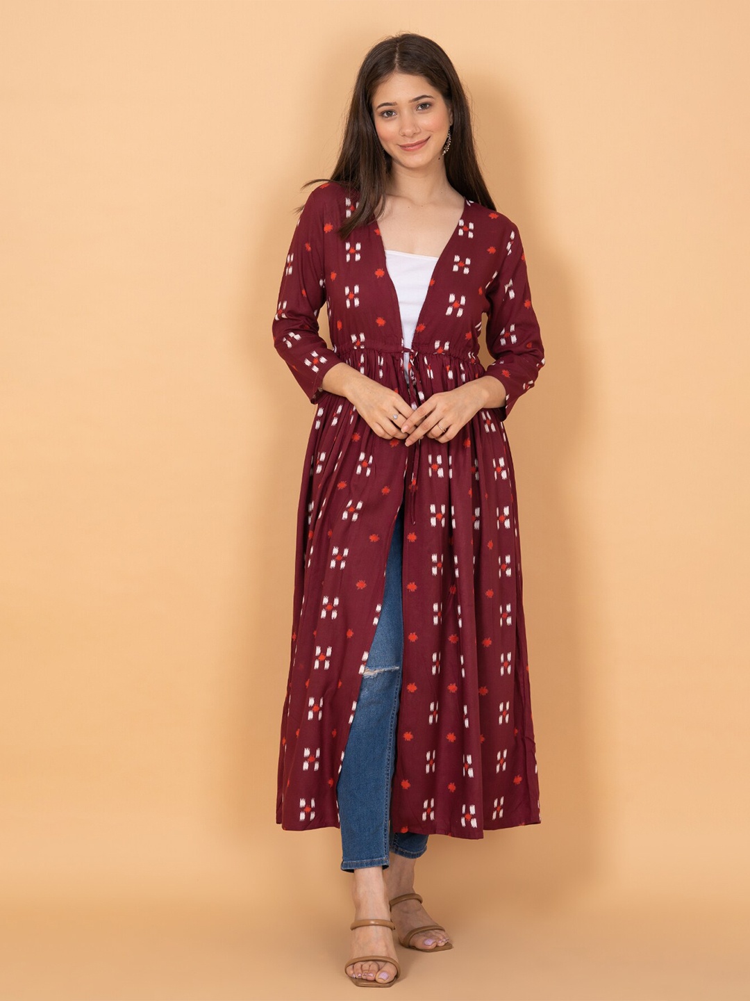 

DAEVISH Women Printed Longline Tie-Up Shrug, Maroon