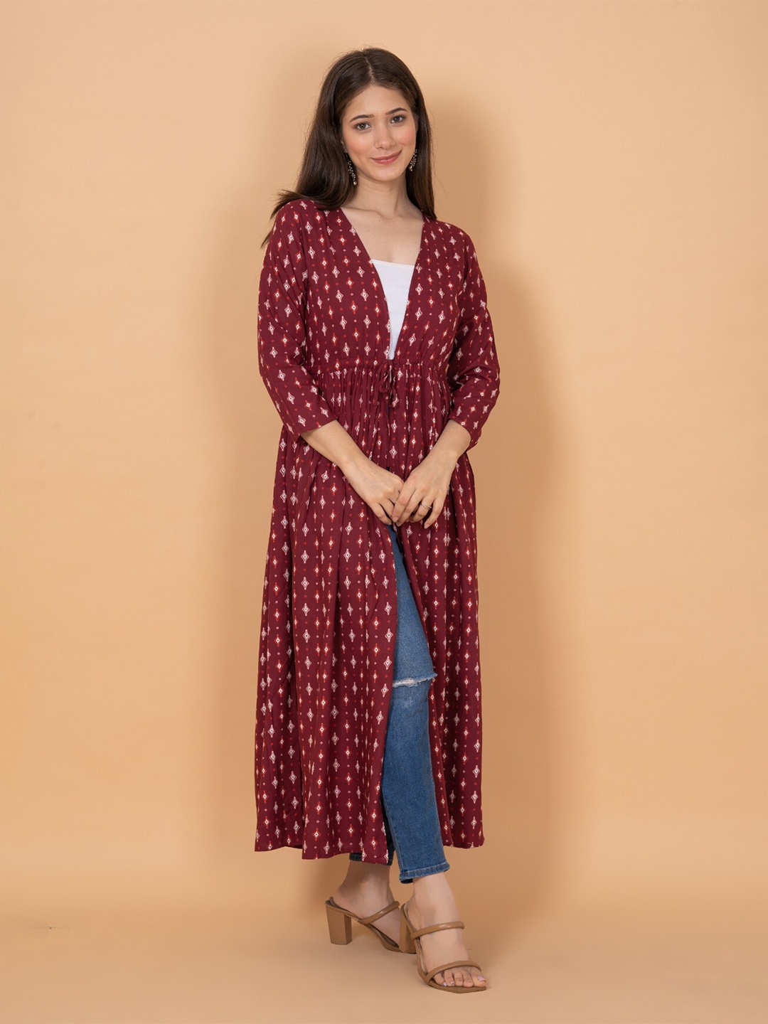 

DAEVISH Women Printed Longline Tie-Up Shrug, Burgundy