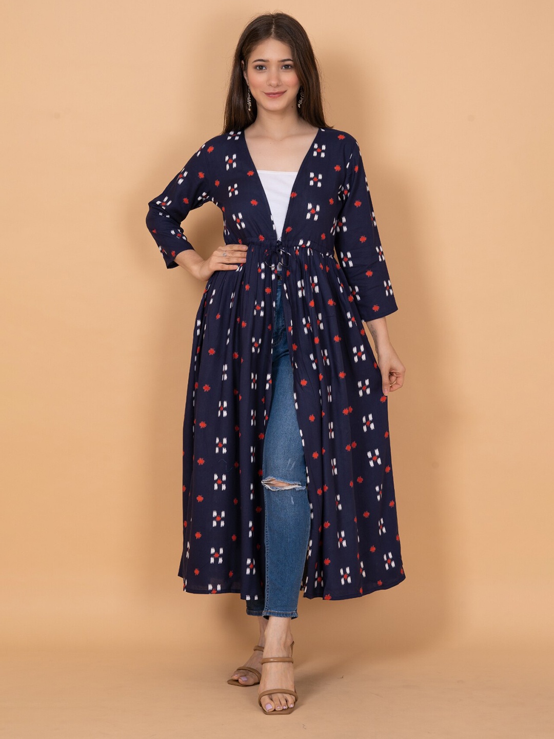 

DAEVISH Women Printed Longline Tie-Up Shrug, Blue