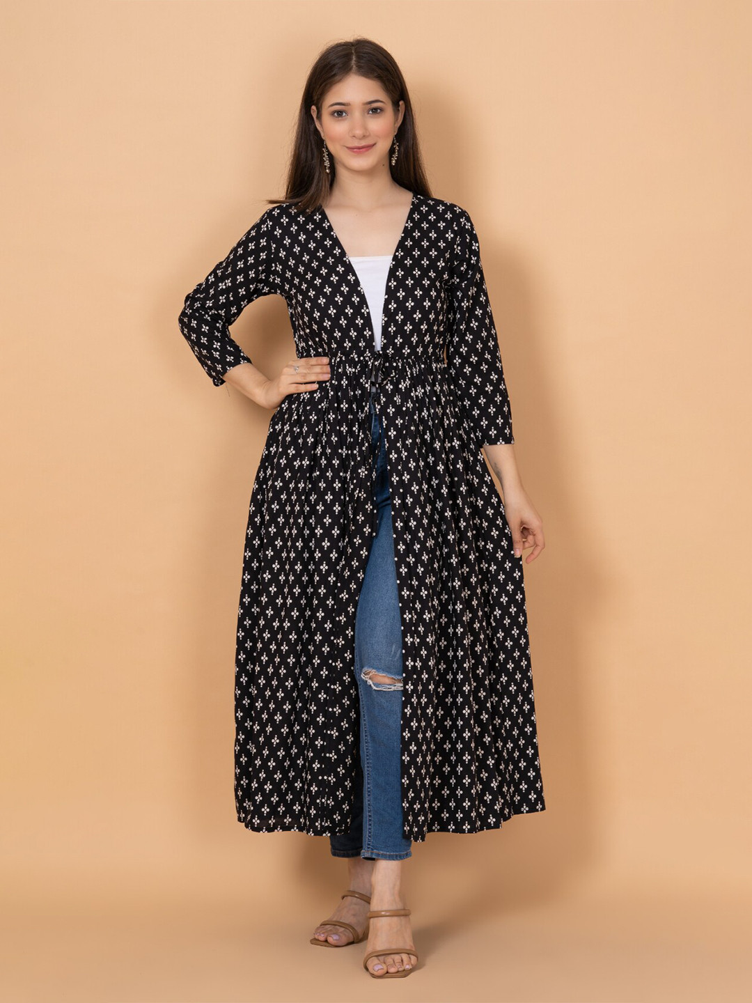 

DAEVISH Women Printed Longline Ethnic Tie-Up Shrug, Black