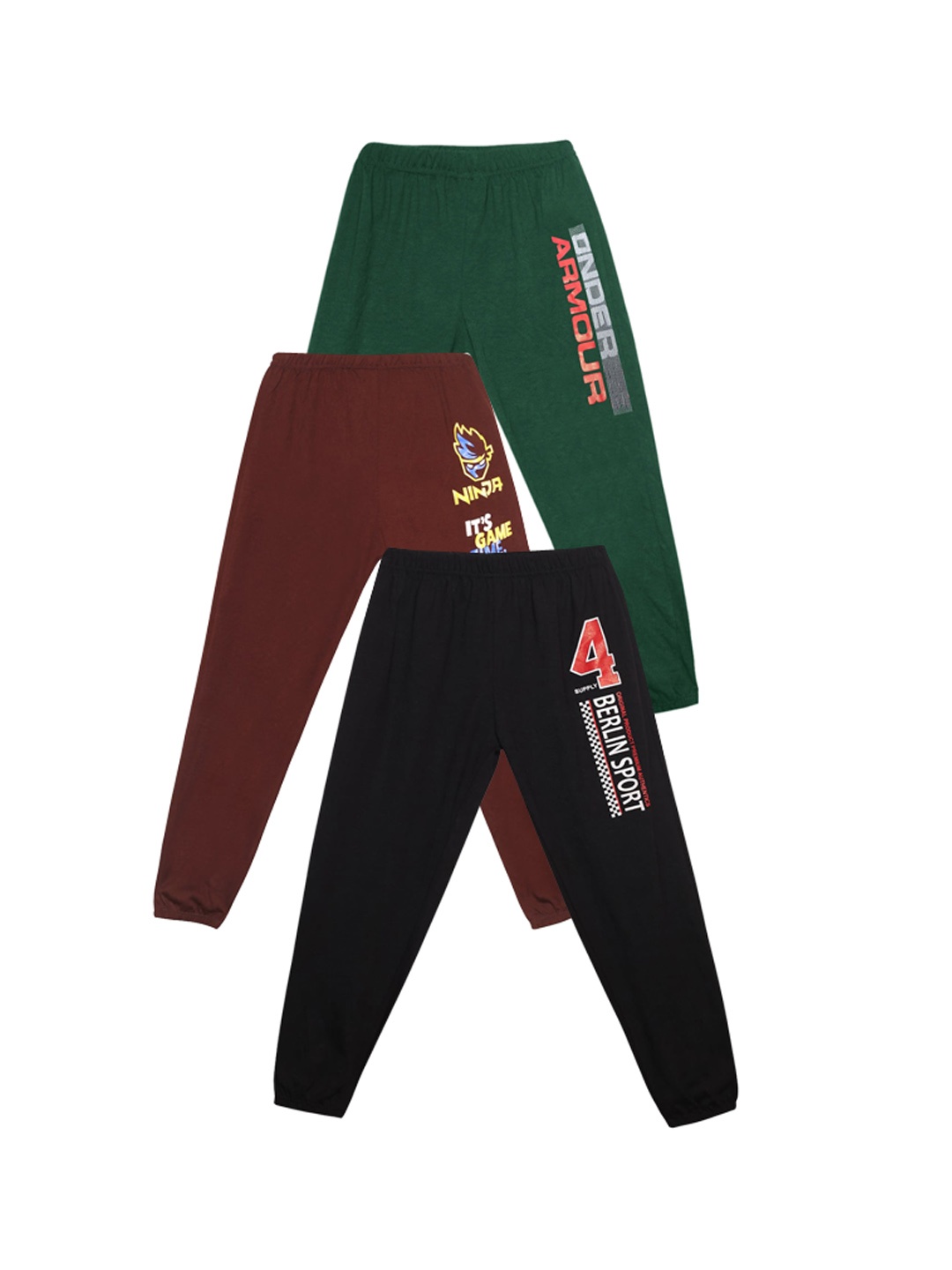 

Fashionable Boys Pack Of 3 Typography Printed Pure Cotton Joggers, Black