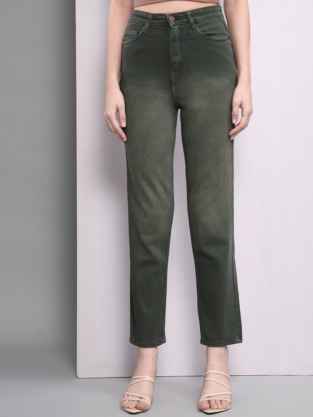 

GUTI Women High-Rise Light Fade Stretchable Cropped Jeans, Green