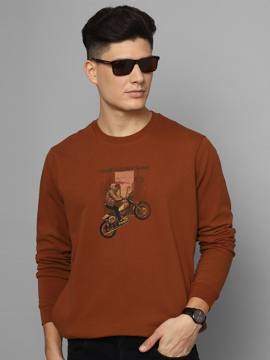 

Louis Philippe Jeans Graphic Printed Cotton Sweatshirt, Brown