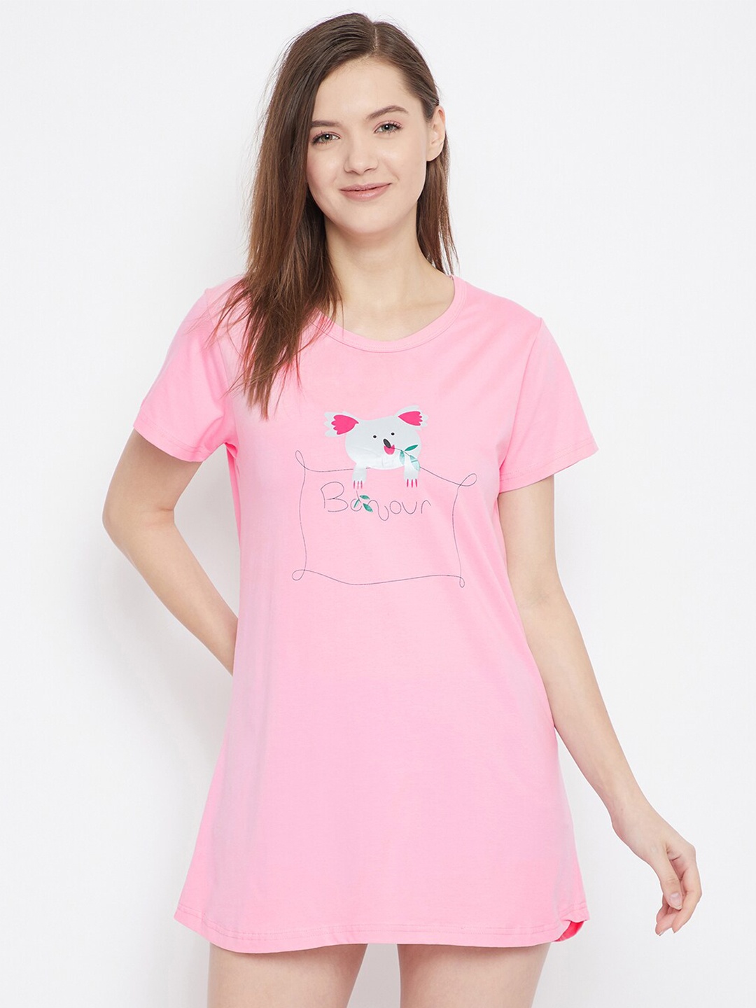 

FRENCH FLEXIOUS Graphic Printed Round Neck Nightdress, Pink
