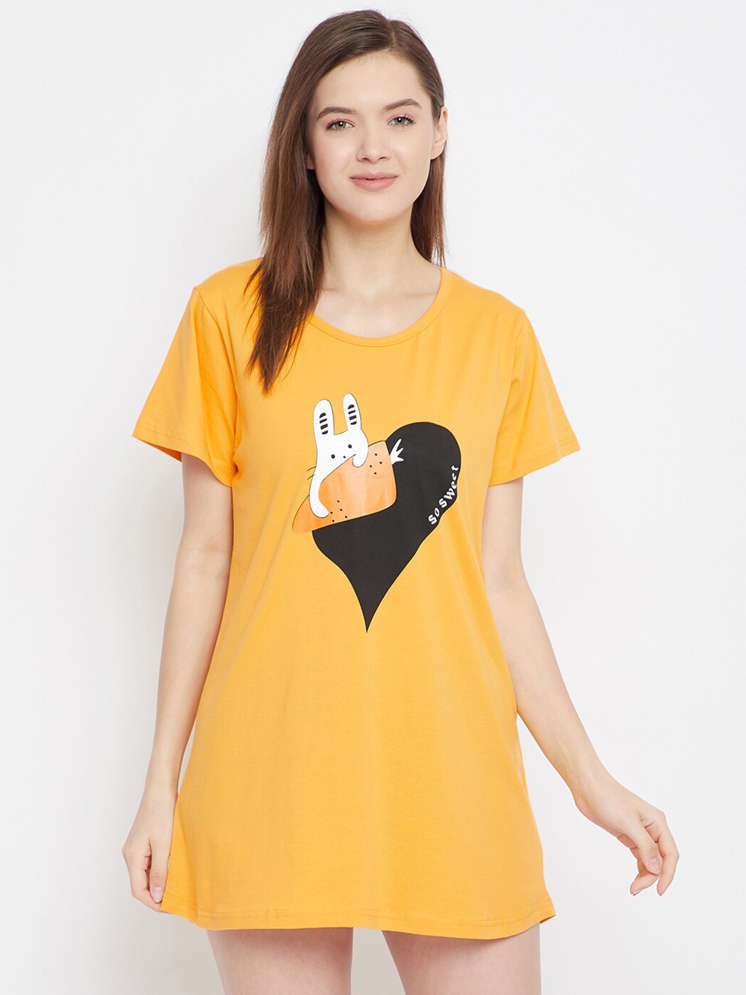 

FRENCH FLEXIOUS Graphic Printed Longline Loose T-shirt, Mustard