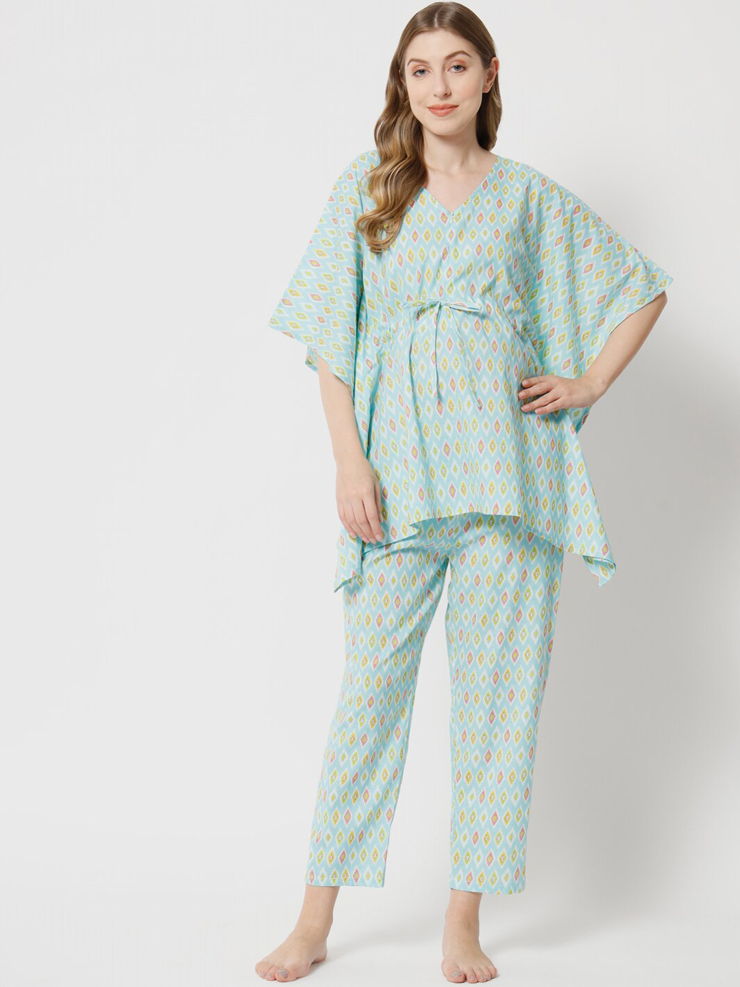 

Aujjessa Ethnic Motifs Printed Pure Cotton Maternity Kaftan Night Suit, Blue