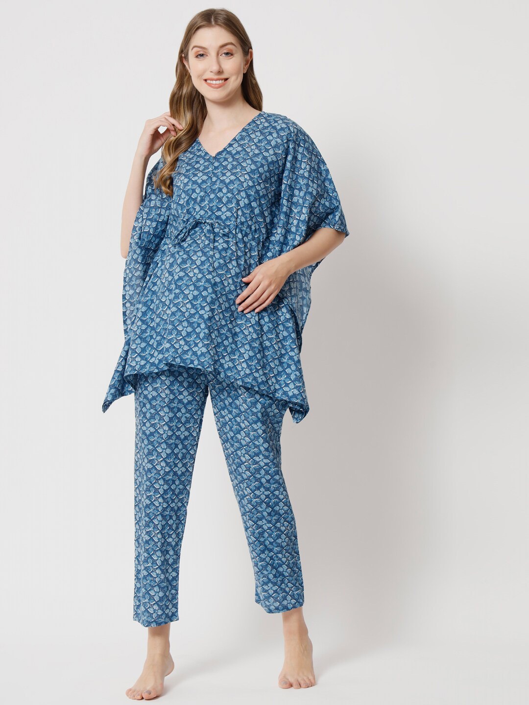 

Aujjessa Ethnic Motifs Printed Pure Cotton Maternity Kaftan Night Suit, Blue