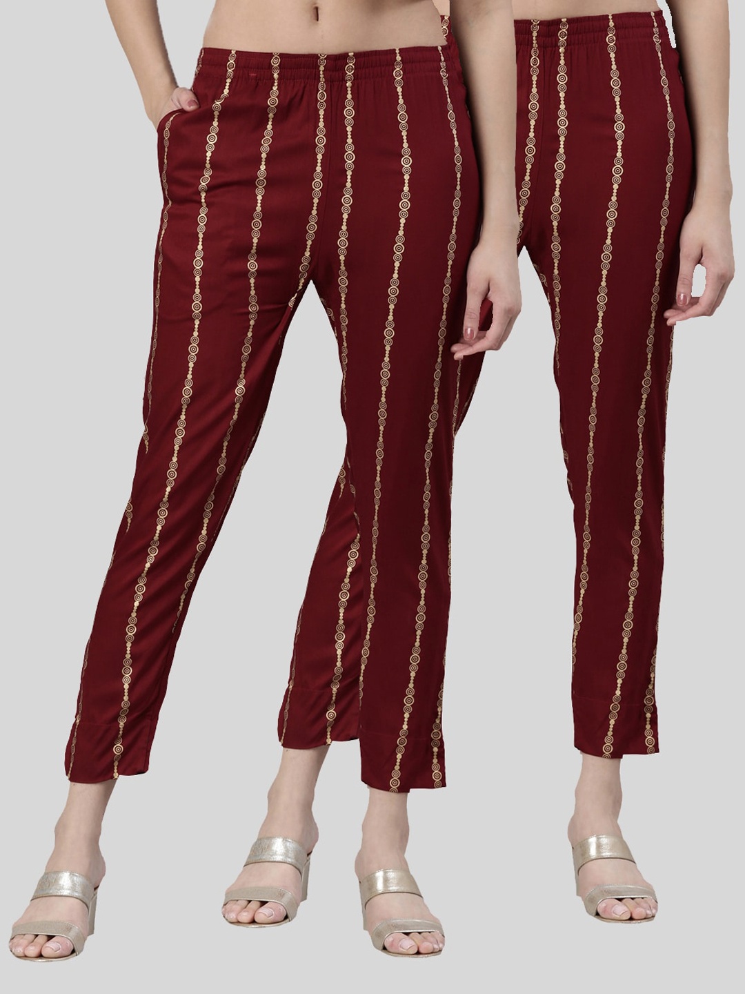 

Kryptic Women Pack Of 2 Printed Smart Slim Fit Trousers, Maroon