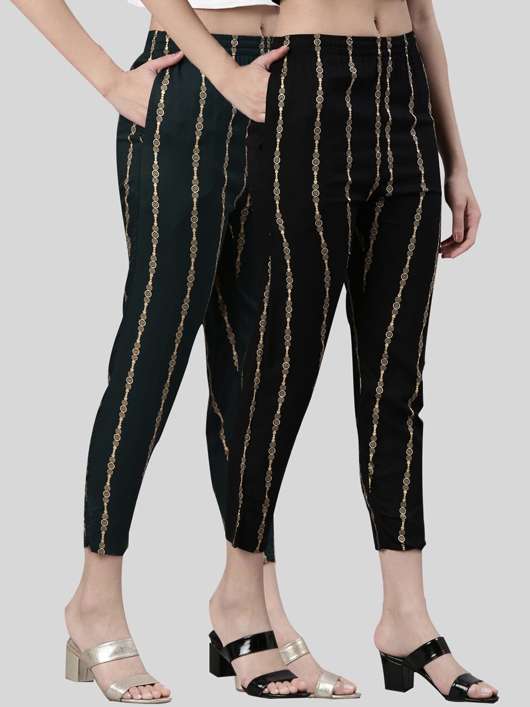 

Kryptic Women Pack Of 2 Geometric Printed Mid-Rise Smart Slim Fit Cigarette Trousers, Green