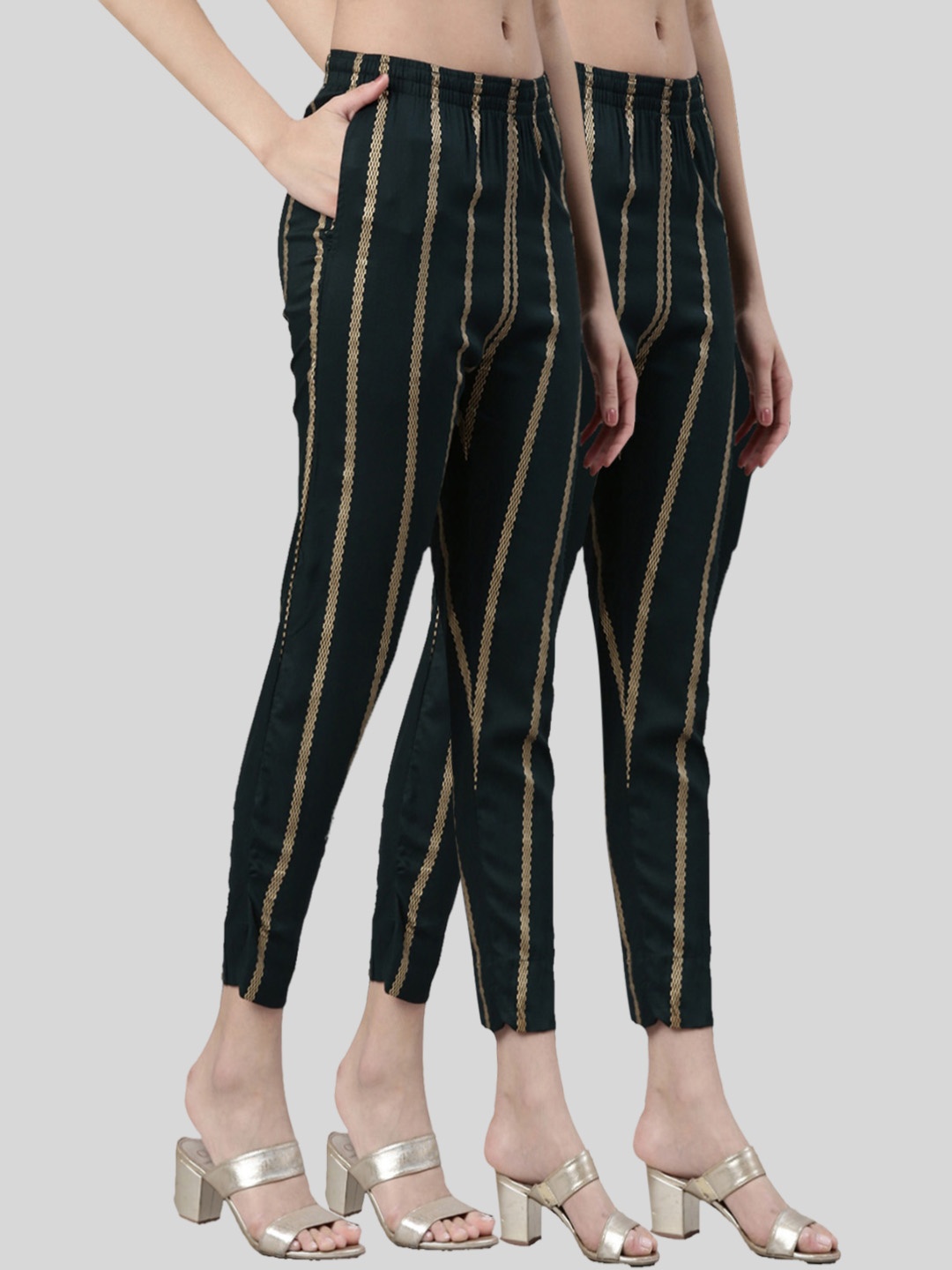 

Kryptic Women Pack Of 2 Striped Mid-Rise Smart Slim Fit Cigarette Trousers, Green