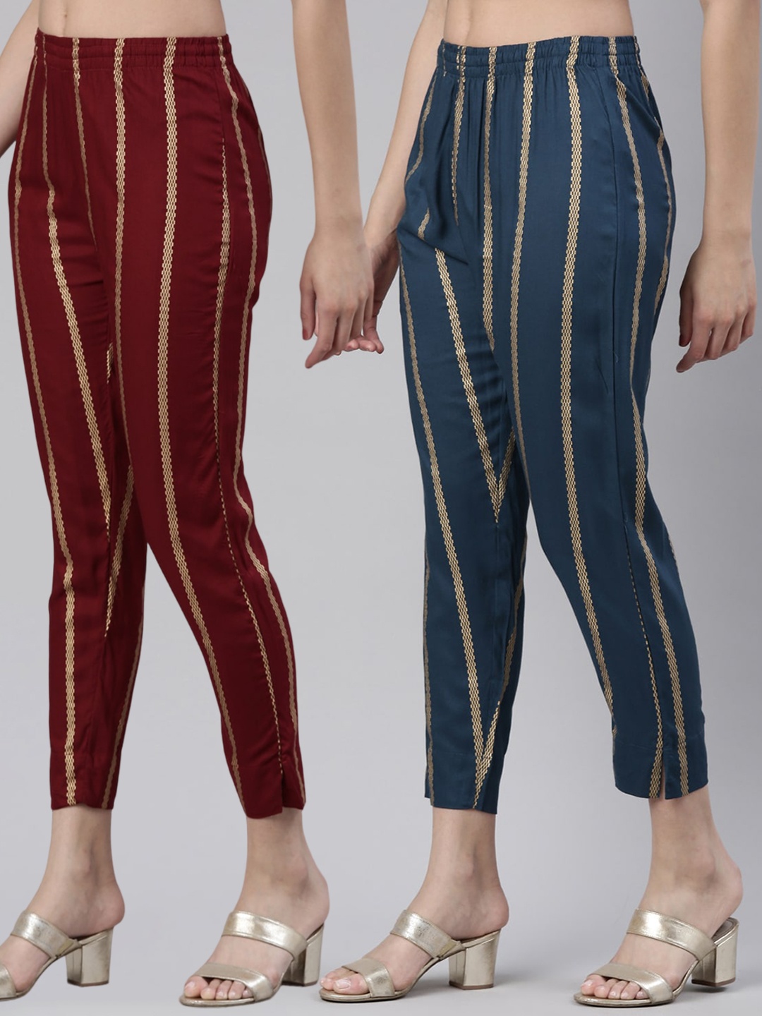 

Kryptic Women Pack Of 2 Striped Mid-Rise Smart Slim Fit Cigarette Trousers, Maroon