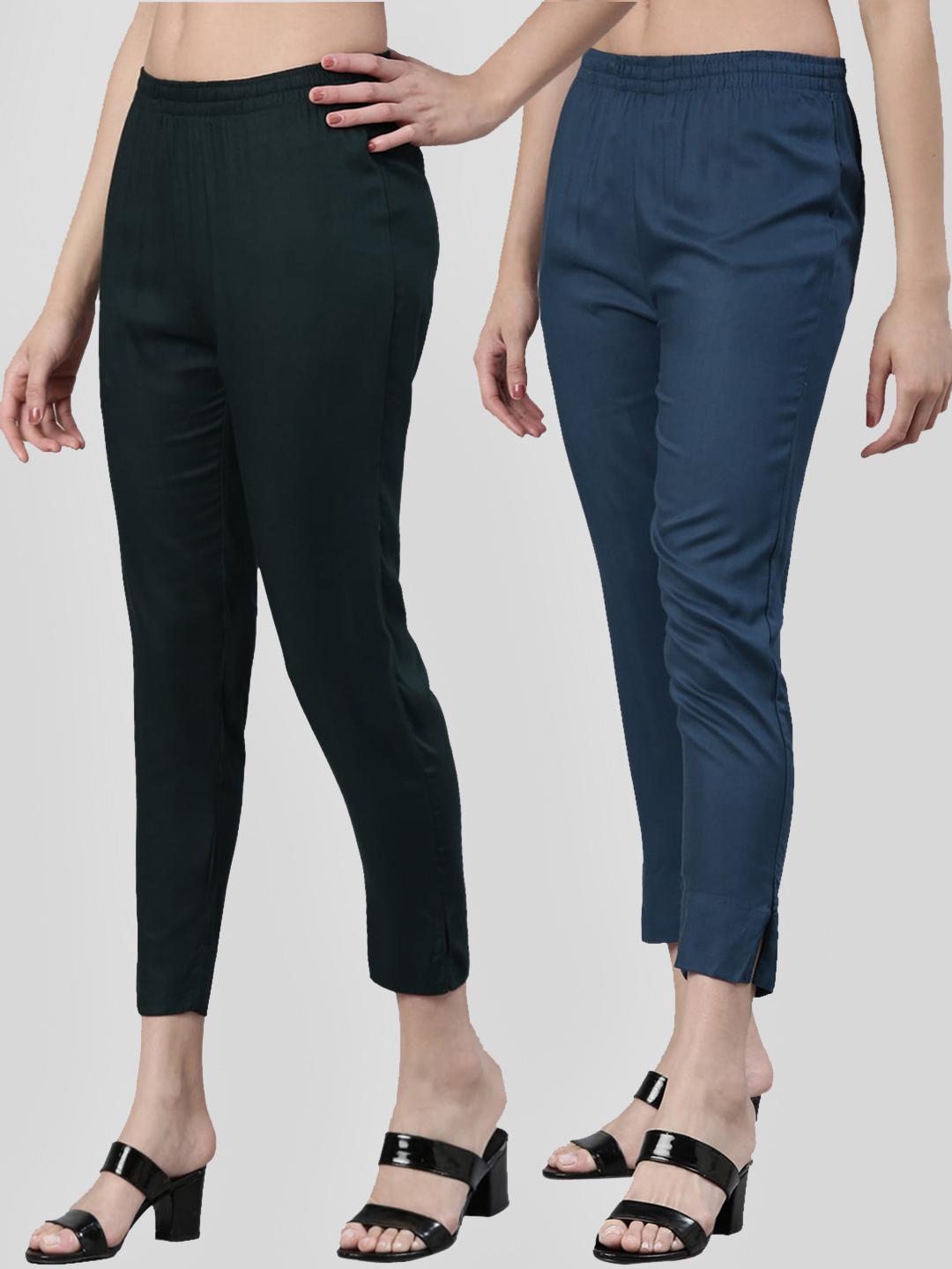 

Kryptic Women Pack Of 2 Mid-Rise Smart Slim Fit Cigarette Trousers, Green
