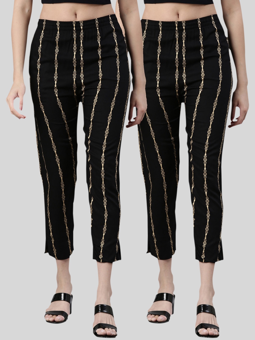 

Kryptic Women Pack Of 2 Geometric Printed Mid-Rise Smart Slim Fit Cigarette Trousers, Black
