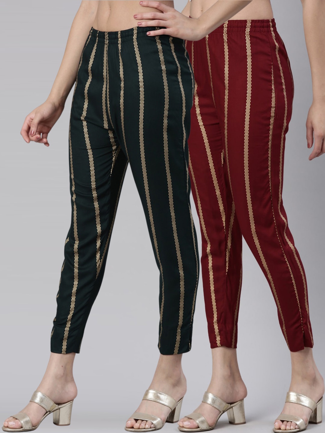 

Kryptic Women Pack Of 2 Striped Smart Slim Fit Mid-Rise Cropped Slip-On Cigarette Trousers, Maroon