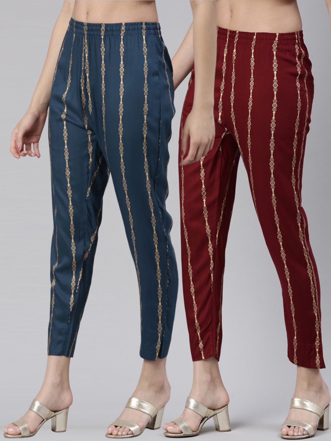 

Kryptic Women Pack Of 2 Geometric Printed Mid-Rise Smart Slim Fit Cigarette Trousers, Maroon