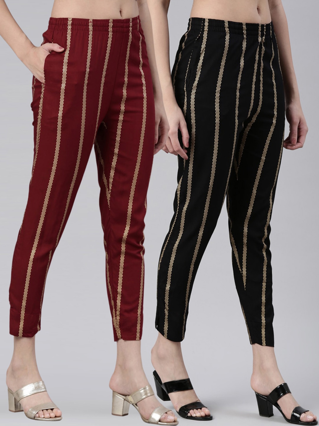

Kryptic Women Pack Of 2 Striped Mid-Rise Smart Slim Fit Cigarette Trousers, Black