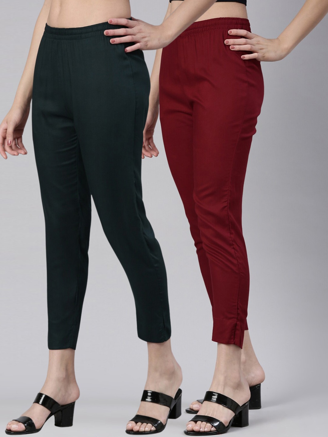 

Kryptic Women Pack Of 2 Mid-Rise Smart Slim Fit Cigarette Trousers, Green