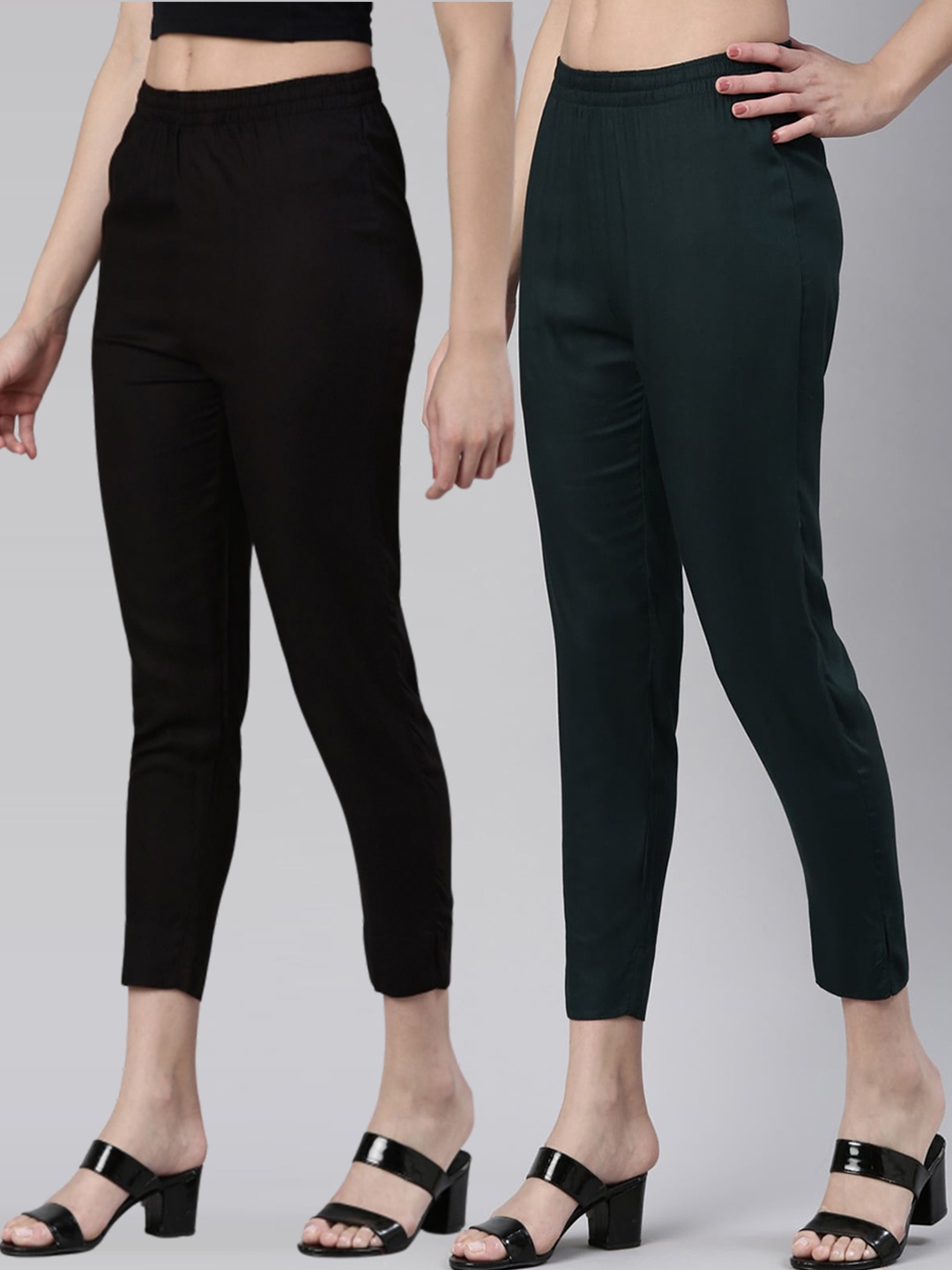 

Kryptic Women Pack Of 2 Mid-Rise Smart Slim Fit Cigarette Trousers, Green