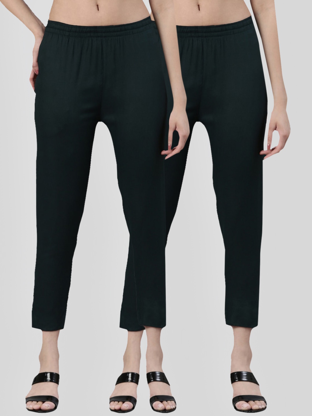 

Kryptic Women Pack Of 2 Mid-Rise Smart Slim Fit Cigarette Trousers, Green