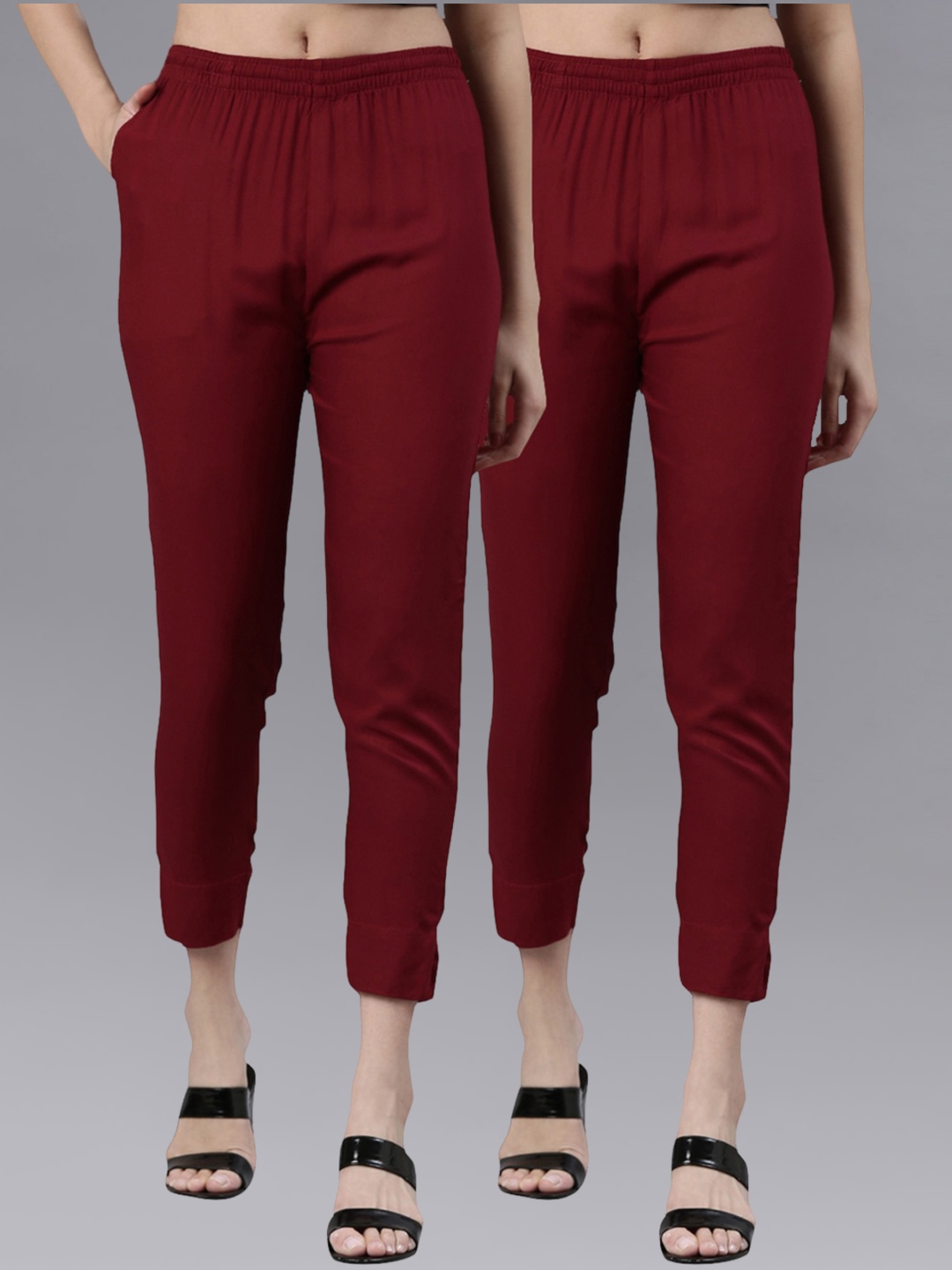 

Kryptic Women Pack Of 2 Mid-Rise Smart Slim Fit Cigarette Trousers, Maroon